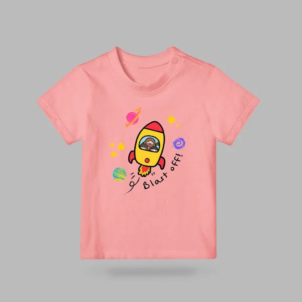 Pink Blast Off rocket kids T-shirt with yellow rocket, planets and stars