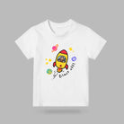 White Blast Off rocket kids T-shirt with colourful space illustration and Blast off lettering