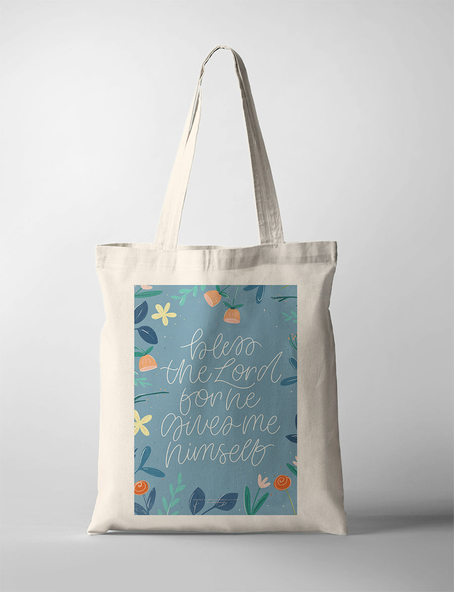 Christian tote bag featuring “Bless the Lord for He gives me Himself” with blue floral artwork