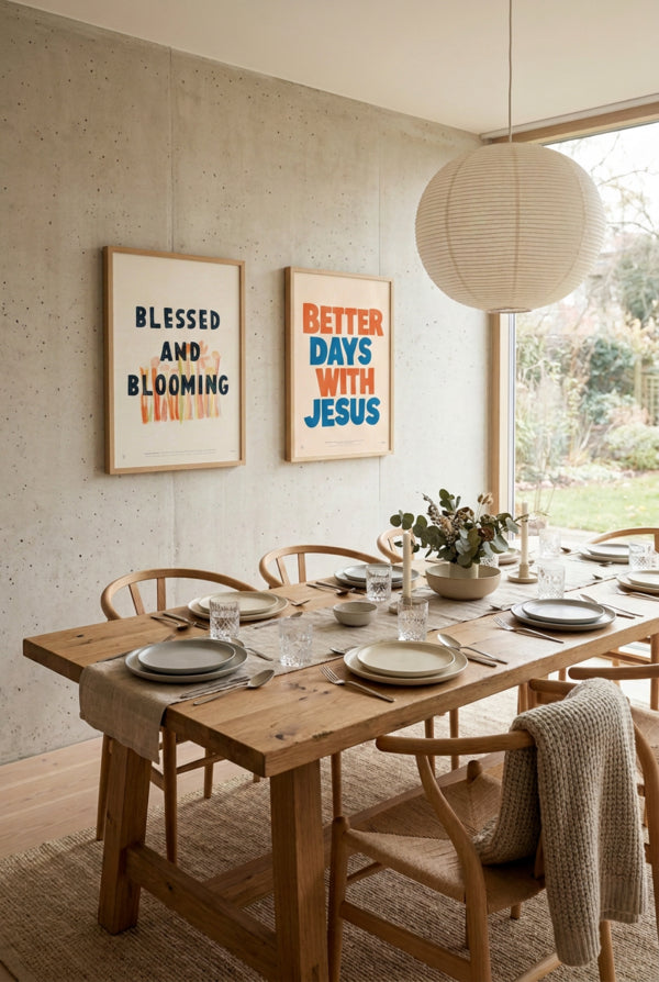 Blessed and Blooming poster displayed in a warm modern dining room