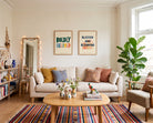 Blessed and Blooming Christian wall art displayed above a neutral living room sofa