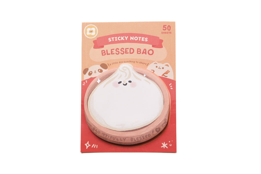 Blessed Bao sticky notes pad with 50 sheets featuring a cute smiling bao illustration, Christian stationery memo pad for journaling and planners.