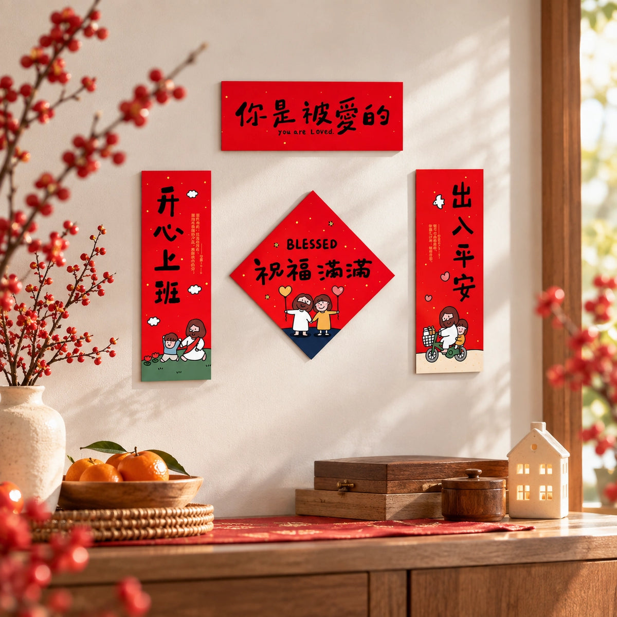 Blessed Coming In and Going Out Christian CNY couplet set displayed as festive red wall decor in a warm Lunar New Year home setting