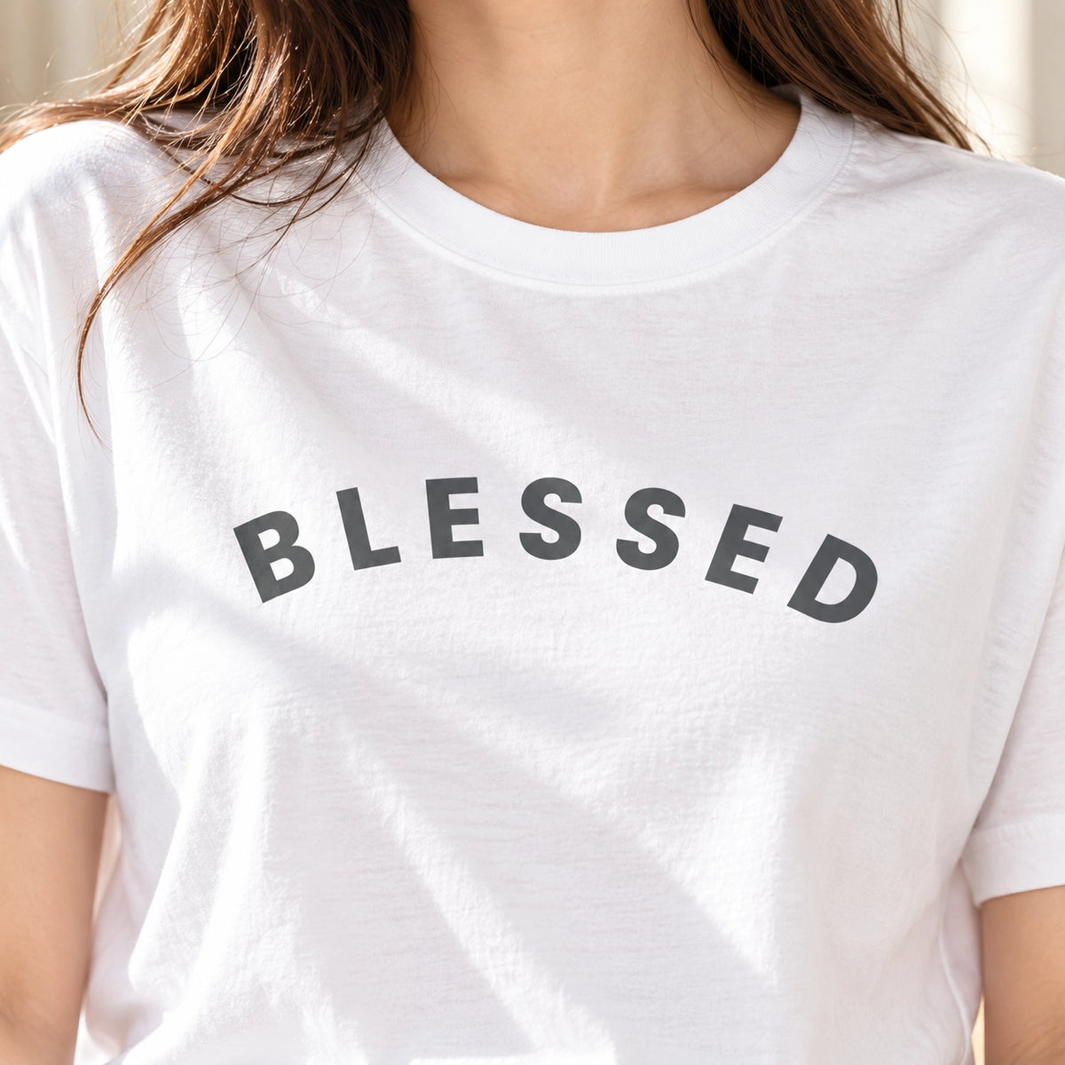 Blessed Christian T-shirt lifestyle close-up in natural daylight