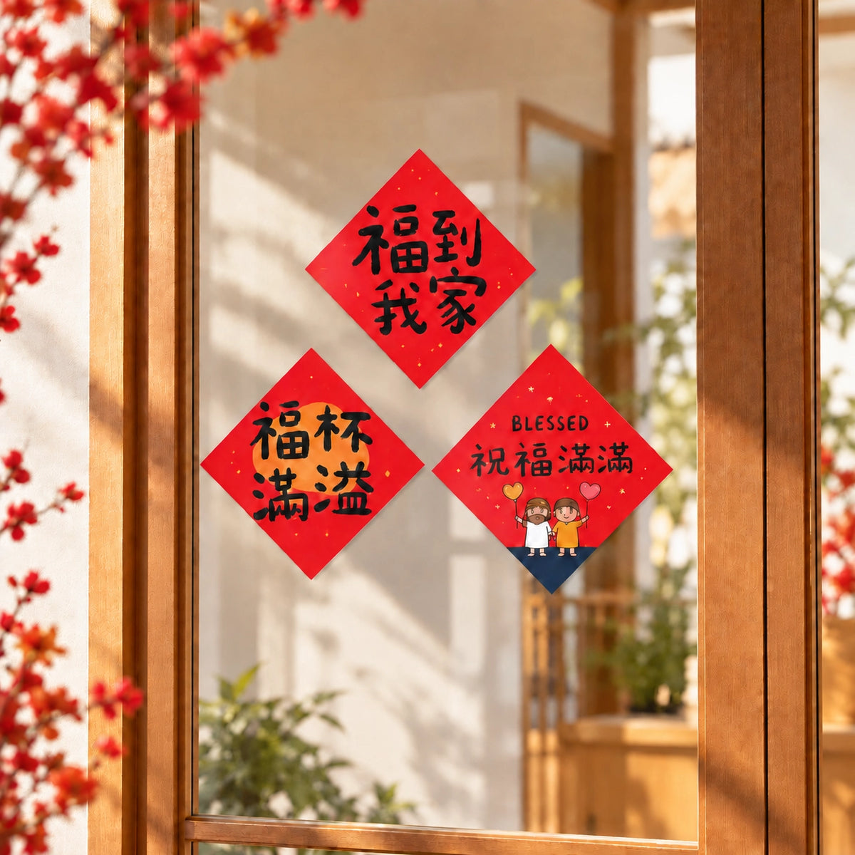 Blessings 7 Christian Chinese New Year couplet set displayed on a sunlit glass door.