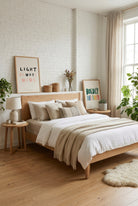 Boldly Beloved Christian poster displayed beside a neutral wooden bed