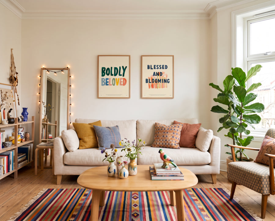 Boldly Beloved wall art displayed above a warm, colourful living room