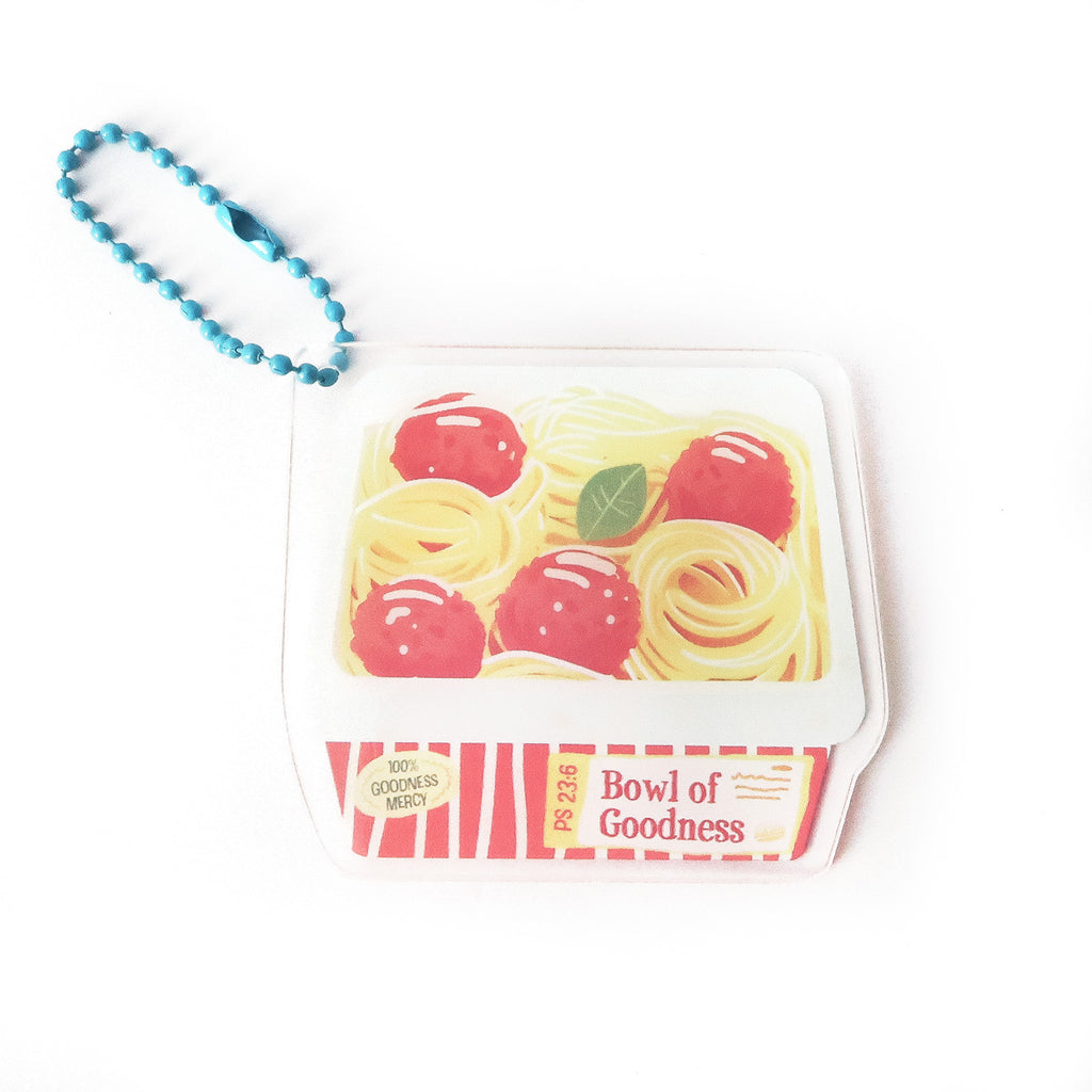 Christian keychain featuring a spaghetti and meatballs illustration with the text ‘Bowl of Goodness’ and Psalm 23:6, symbolizing God’s goodness and mercy.