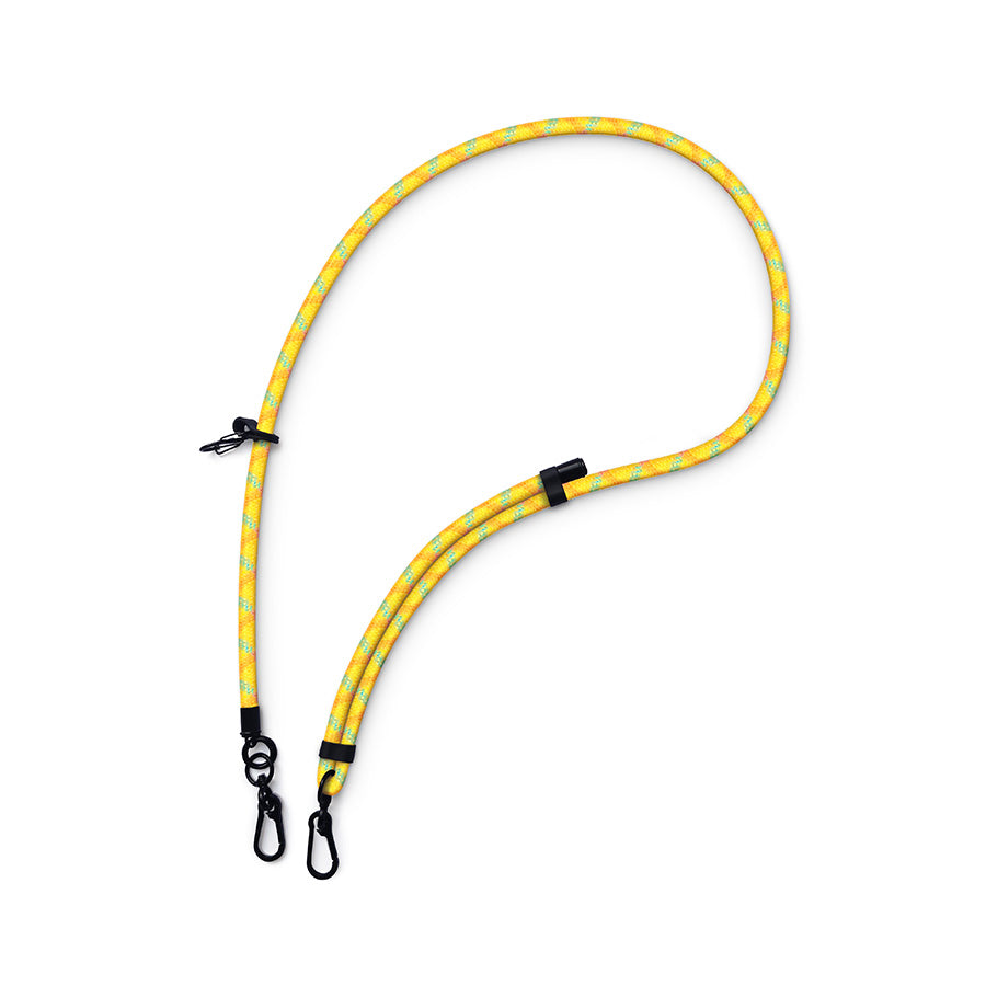 Bright yellow adjustable woven bag strap with secure clips for bags and bottle holders.