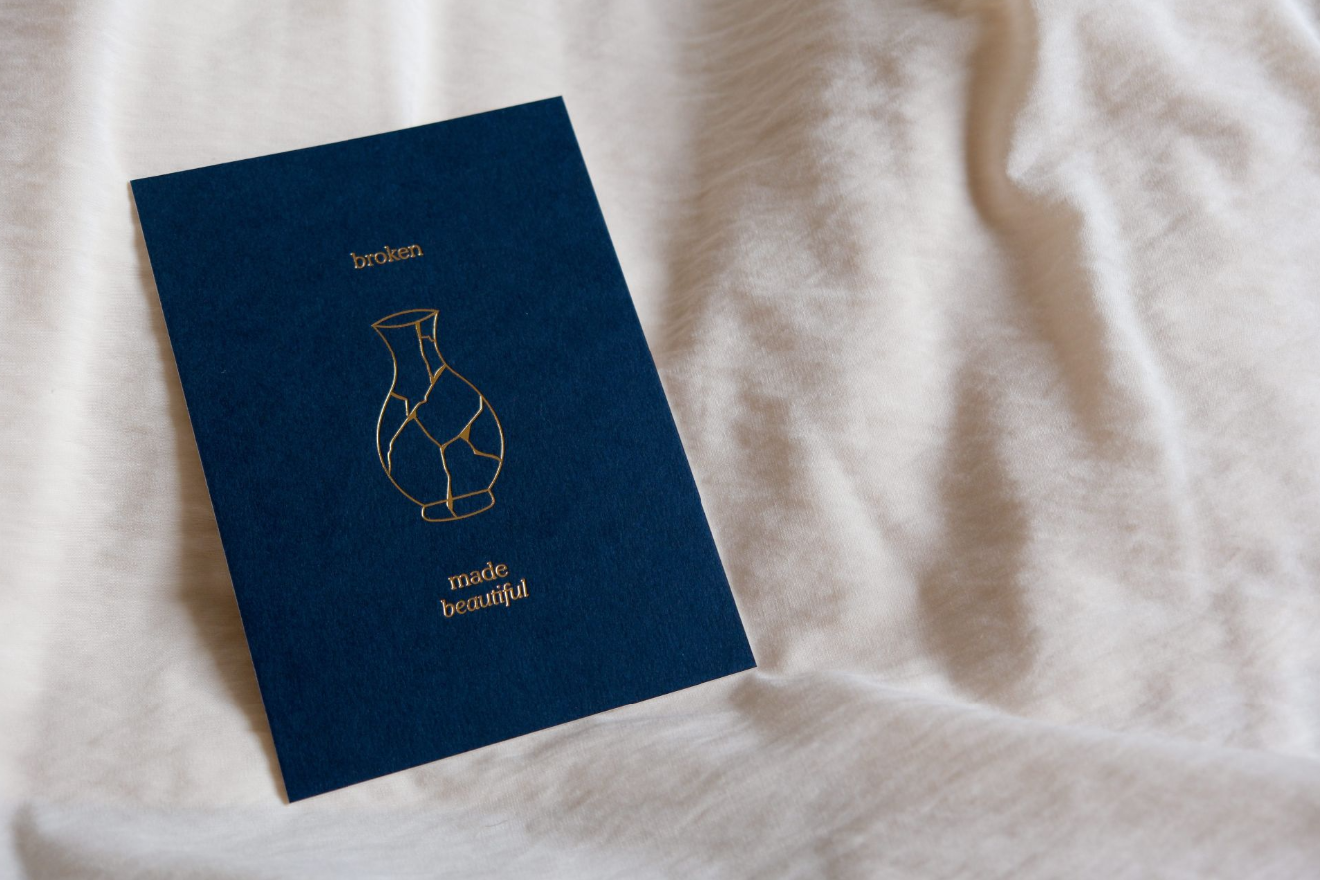 Broken Made Beautiful letterpress print featuring a cracked vase inspired by kintsugi, symbolising healing, redemption, and beauty restored.