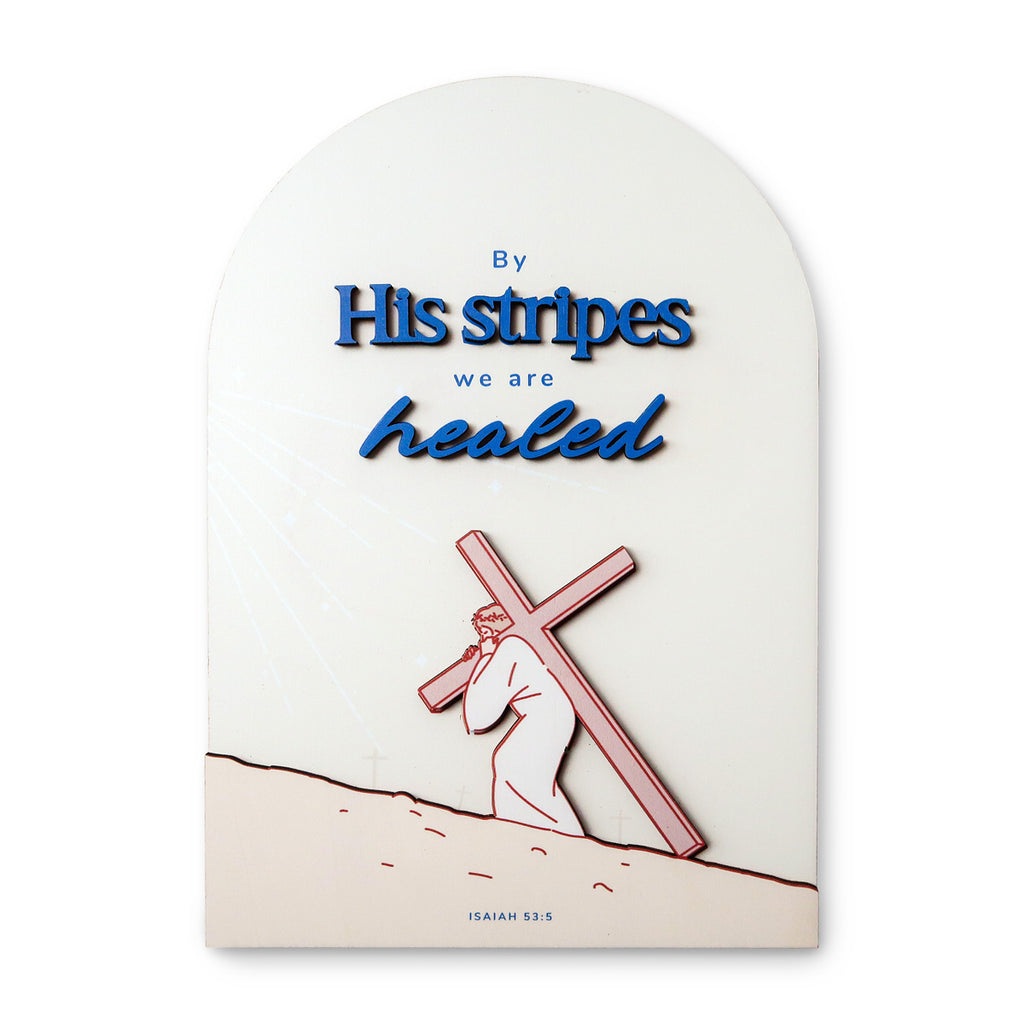 3D wooden Christian poster with the phrase 'By His stripes we are healed,' featuring an illustration of Jesus carrying the cross and the Bible verse Isaiah 53:5.