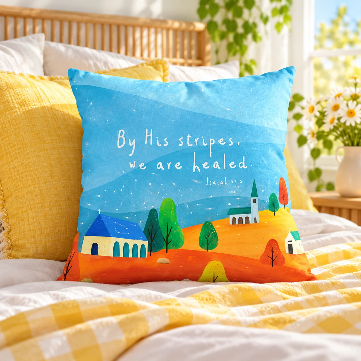 By His Stripes We Are Healed Isaiah 53:5 cushion on a bright yellow and white bed