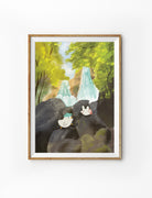 Christian wall art illustration of two ducks resting by a waterfall in a lush forest, symbolising peace, renewal, and God’s presence, illustrated by Onesillyduckie in collaboration with The Commandment Co