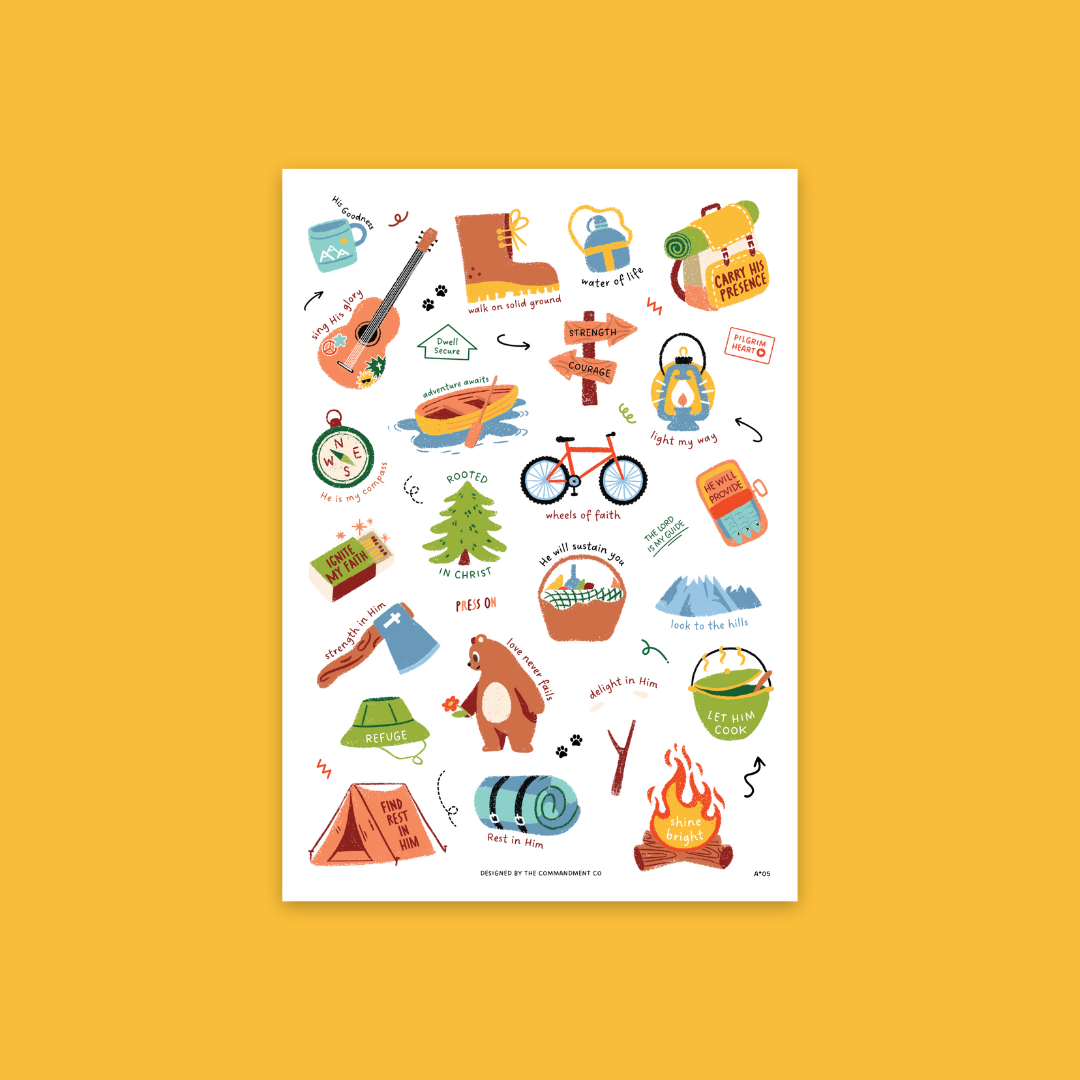 Camp Stickers Sticker Sheet with transparent background featuring faith-inspired adventure and outdoor designs like “Rooted in Christ,” “Find Rest in Him,” and “Strength and Courage” by The Commandment Co.