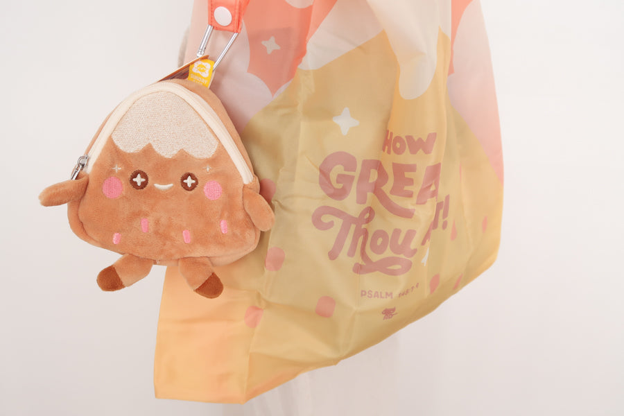 Christian foldable eco bag “Carmel” in brown featuring “How great Thou art” Psalm 145:3 with attached plush pouch.