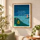 Cast All Your Anxiety on Him Because He Cares for You Christian poster framed in a warm living room.
