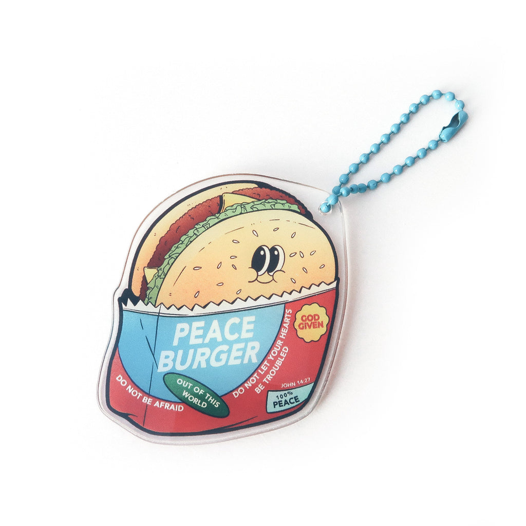 Christian keychain featuring a peace burger design with the text 'God Given,' inspired by John 14:27, offering encouragement and faith.