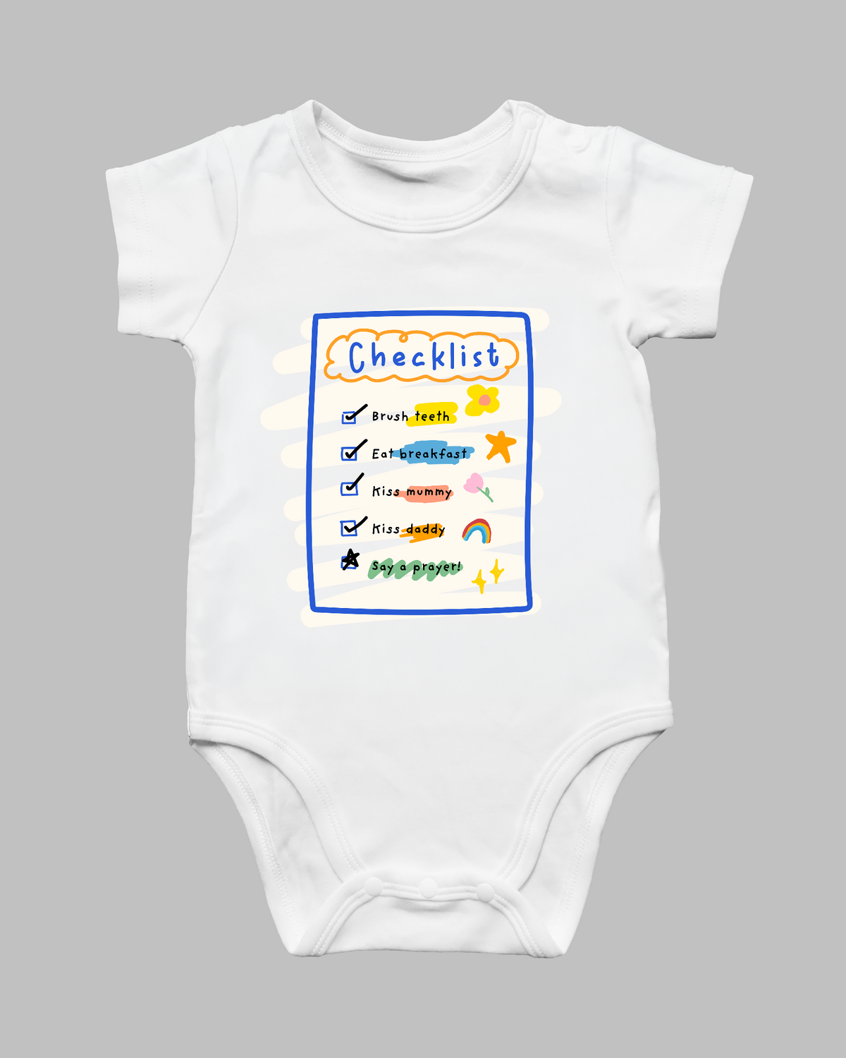 Checklist Christian baby romper with colourful daily routine and prayer design