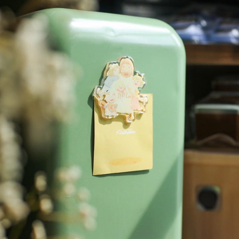 Uplifting Fridge Magnet: "Uplifting fridge magnet with a cheerful illustration and the words 'Rejoice in the Lord always'"