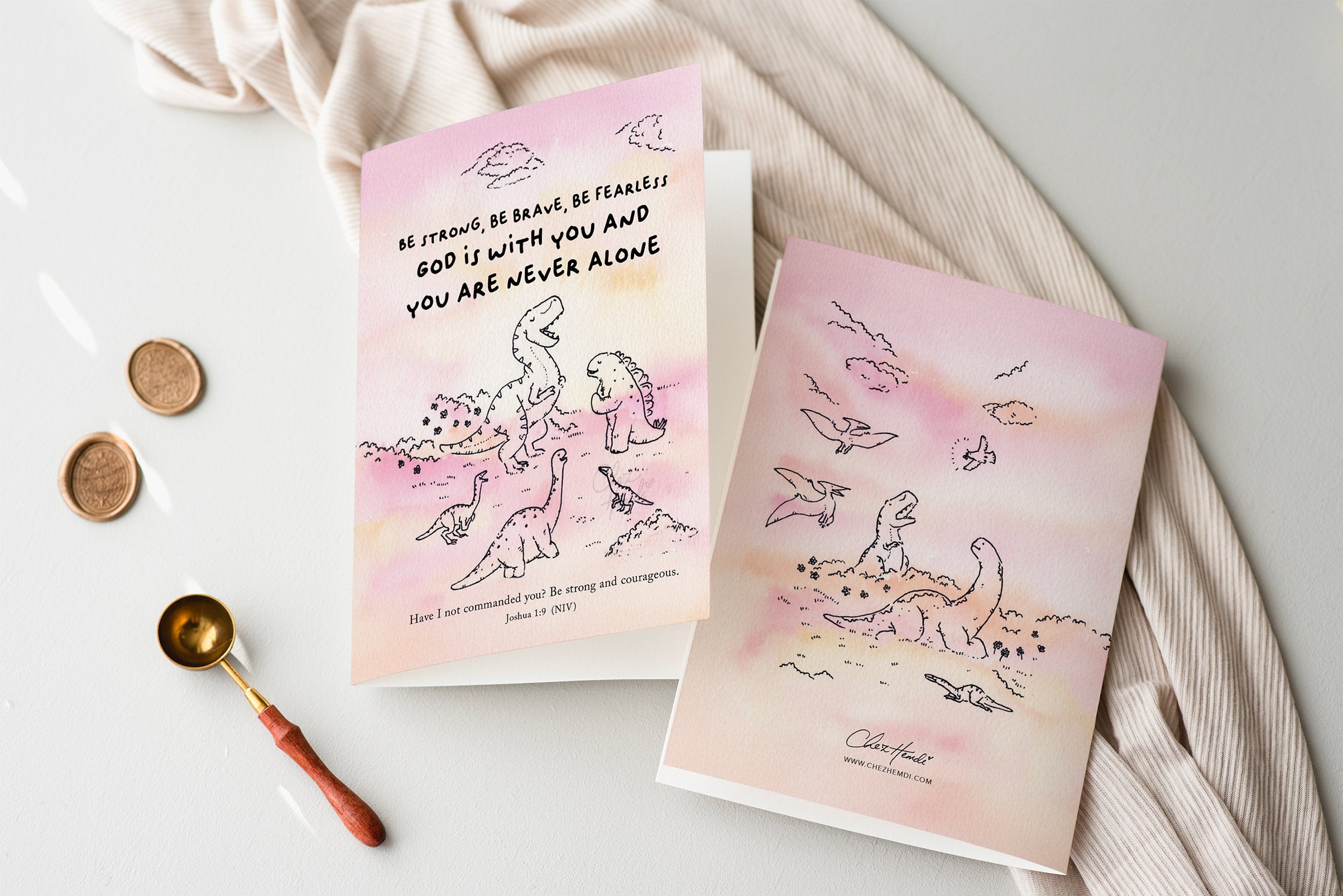 ChezHemdi dino greeting card with ‘Be Strong, Be Brave, Be Fearless’ verse – Christian encouragement stationery from The Commandment Co
