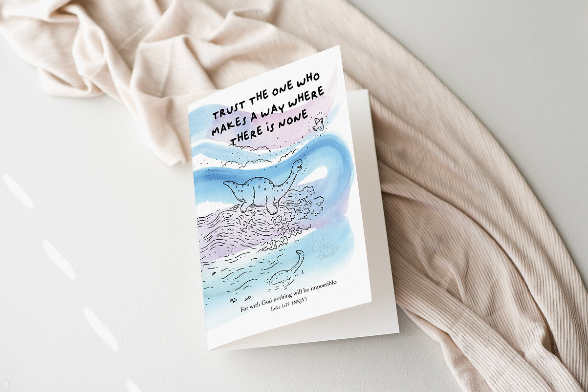 ChezHemdi dino greeting card with ‘Trust the One Who Makes a Way Where There Is None’ verse – Christian encouragement stationery from The Commandment Co