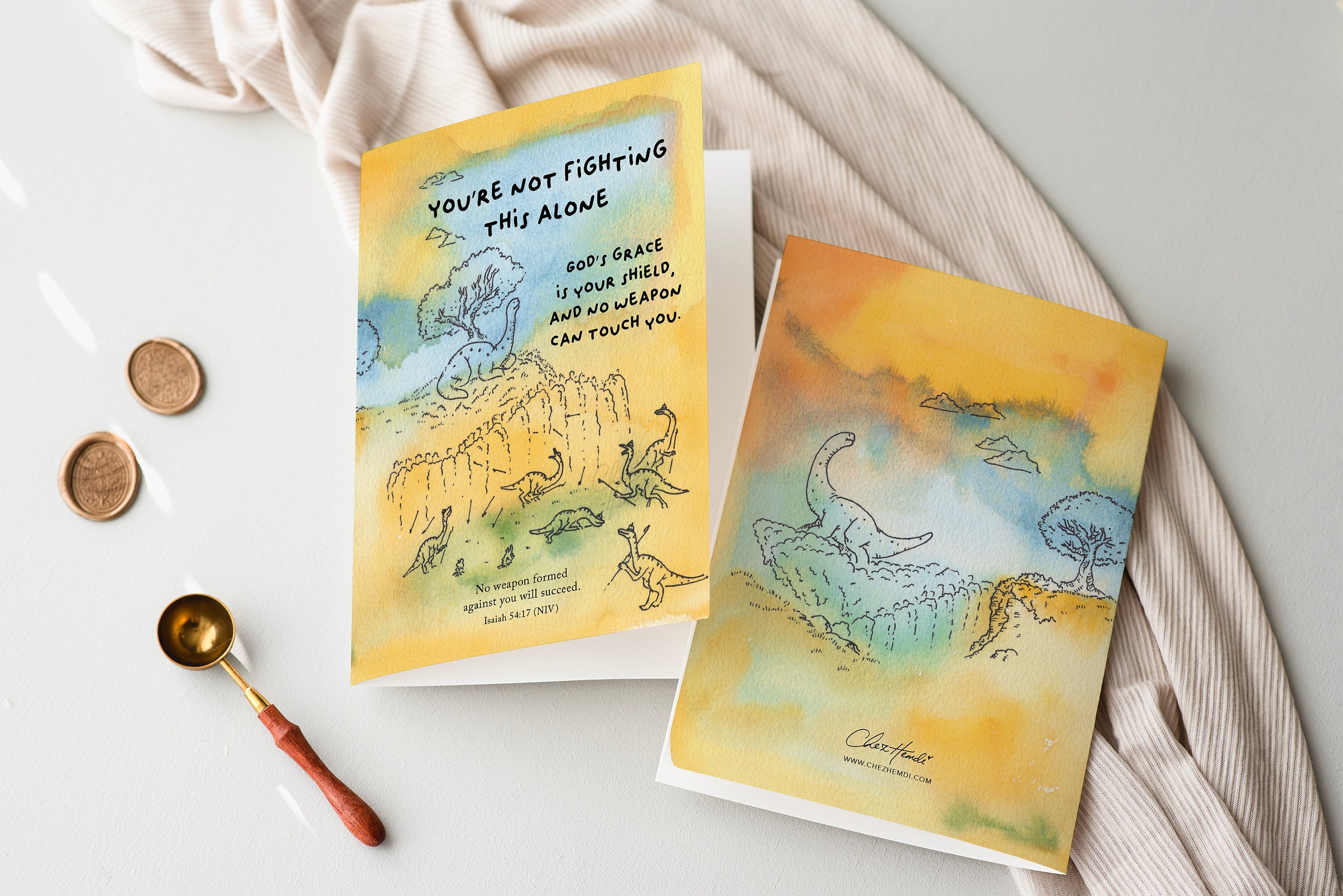 ChezHemdi dino greeting card with ‘You’re Not Fighting This Alone’ verse – Christian encouragement stationery from The Commandment Co