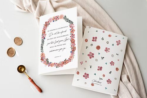 ChezHemdi floral greeting card with ‘Be Strong and Courageous’ verse – Christian encouragement stationery from The Commandment Co