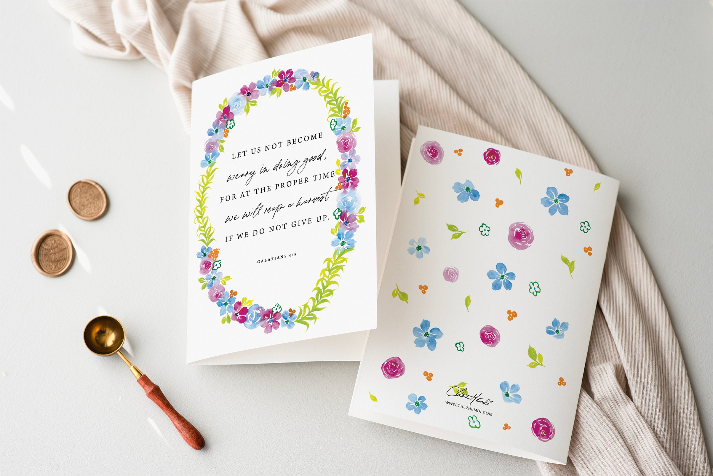 ChezHemdi floral greeting card with Galatians 6:9 verse ‘Let us not become weary in doing good’ – Christian encouragement stationery from The Commandment Co