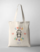 Child of God John 1:12 Christian tote bag featuring cute illustrated child with pastel lettering and hearts, faith-based  collaboration with Chari Designs.