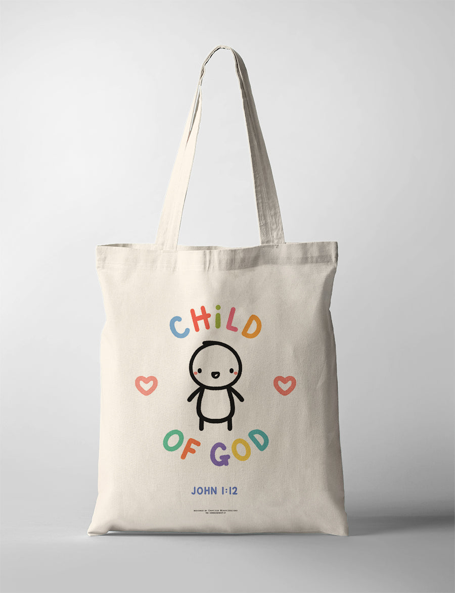 Child of God John 1:12 Christian tote bag featuring cute illustrated child with pastel lettering and hearts, faith-based  collaboration with Chari Designs.