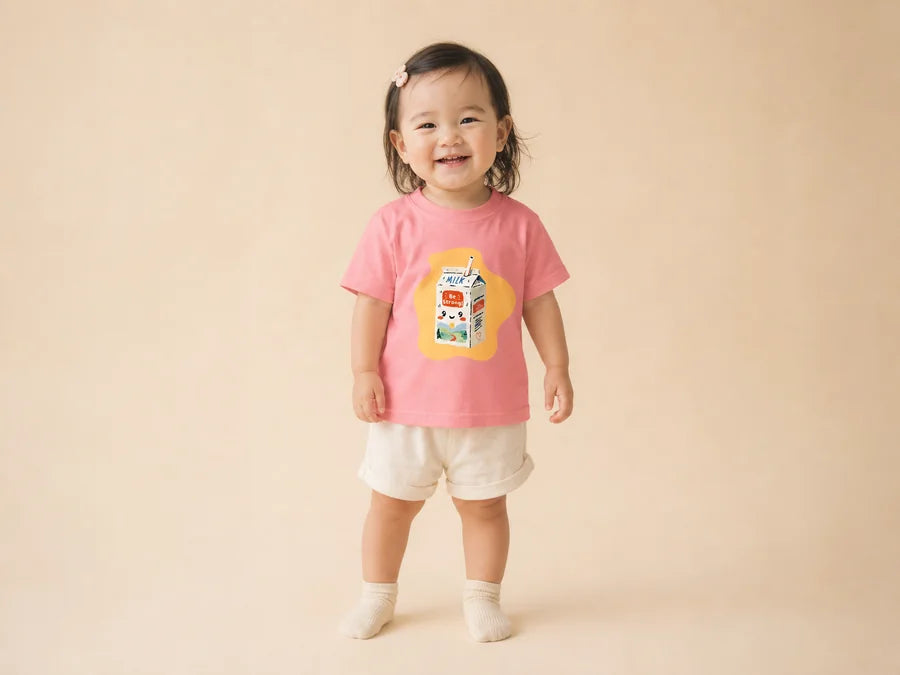 Child wearing the pink Be Strong Milk kids T-shirt in a warm studio setting