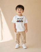 Young child wearing the white Ready Set Go racer car kids T-shirt