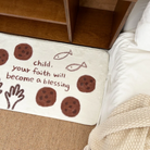 Close-up of a cream rug with loaves, fish, and hands illustrations, featuring the message "Child, your faith will become a blessing," adding encouragement and simple happiness to a Christian home.