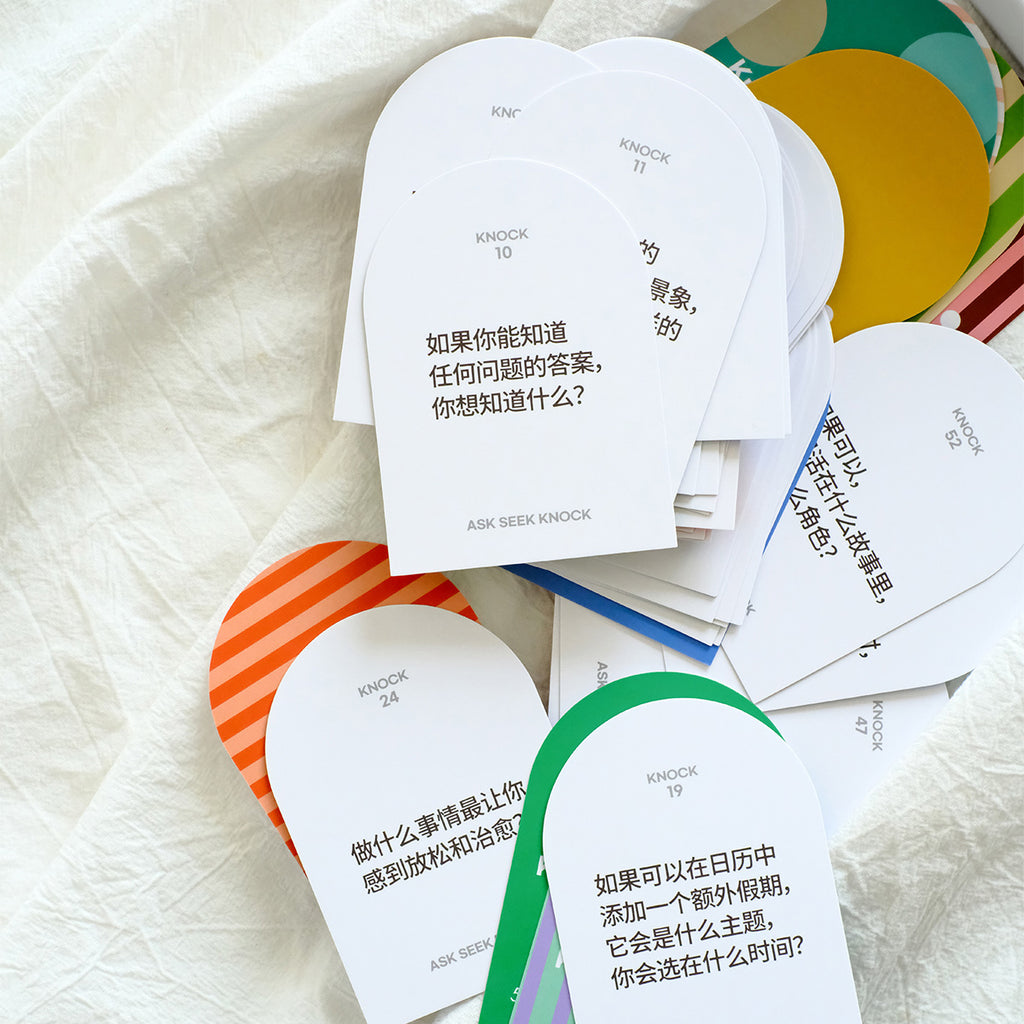 Chinese Knock conversation card set with inspirational faith-based prompts designed for meaningful dialogue, featuring 'Ask, Seek, Knock'.