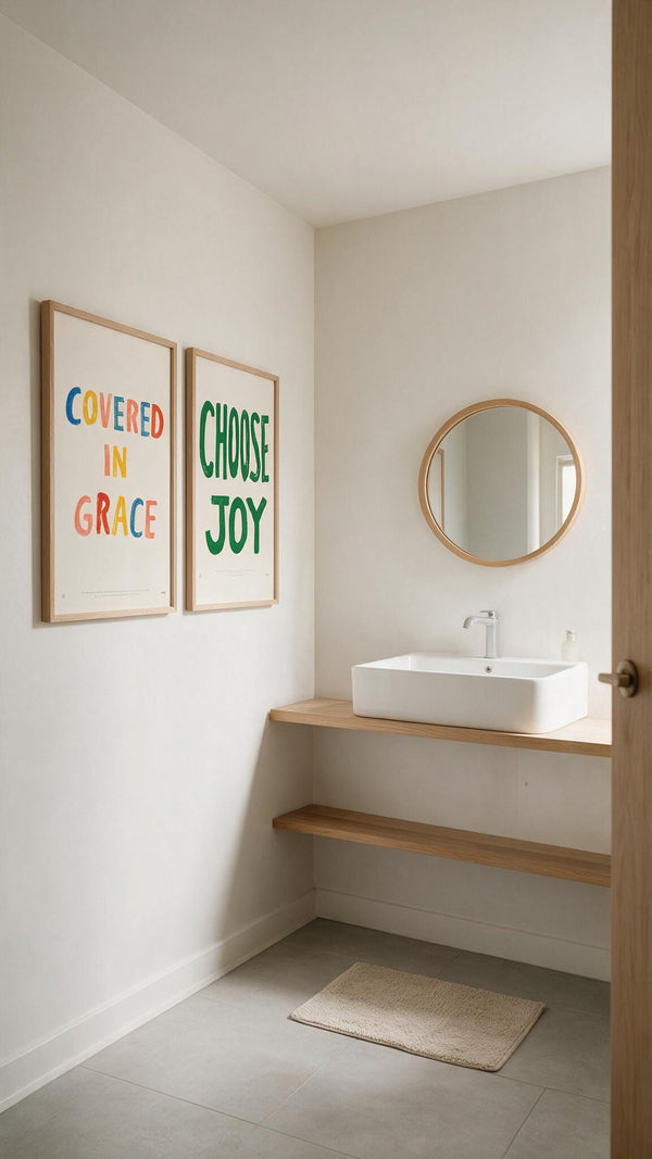 Choose Joy Christian poster styled beside the separately sold Covered in Grace poster in a bright minimalist bathroom