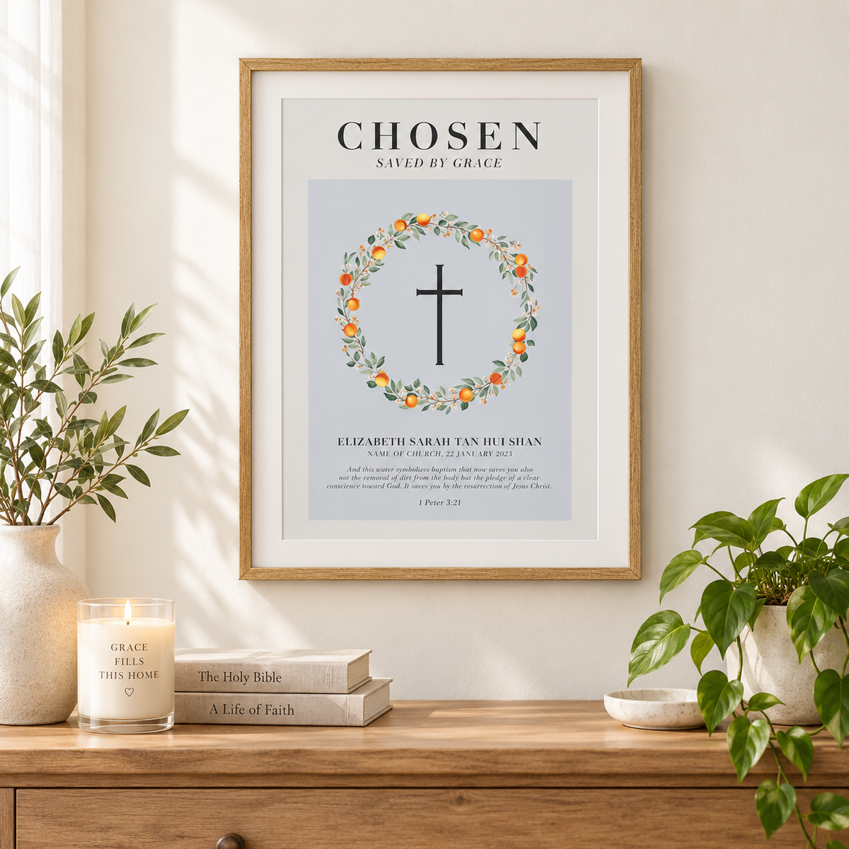 Chosen Loved Faith customisable baptism poster displayed in a bright home interior.
