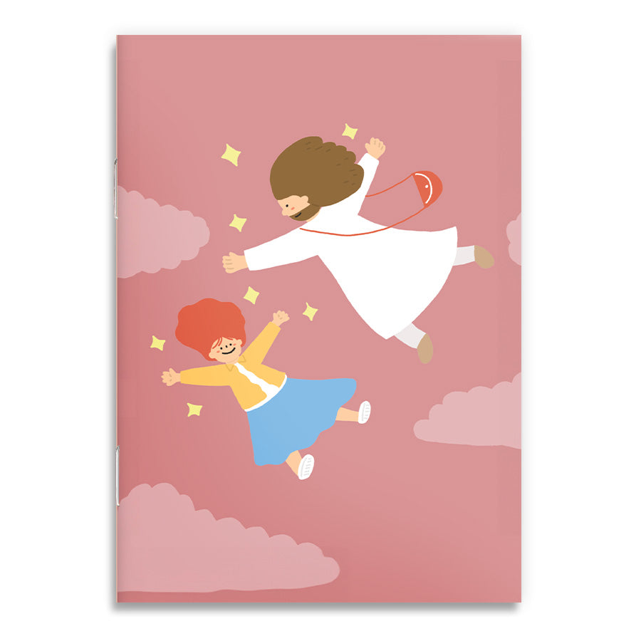 A6 notebook titled 'Ascending in His Light' featuring an illustration of Jesus and a child joyfully flying among clouds, symbolizing faith and inspiration.