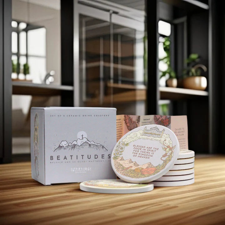 Eight-piece Christian Beatitudes ceramic coaster set