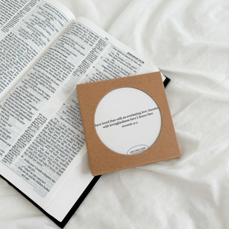 Christian ceramic coaster with absorbent surface and cork base, protects table and shares God’s love