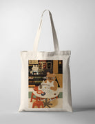 Natural canvas Christian tote bag featuring a bear reading the Good News in a convenience store with Mark 16:15.