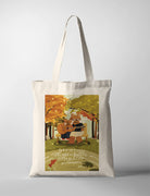 Natural canvas Christian tote bag featuring parent and child bears playing guitar beneath autumn trees with Proverbs 22:6.