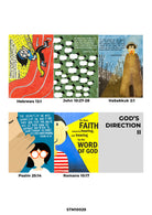  Christian card set featuring vibrant illustrations and Bible verses including Hebrews 12:1, John 10:27-28, Habakkuk 2:1, Psalm 25:14, and Romans 10:17, highlighting God’s direction and inspiring faith-filled living.