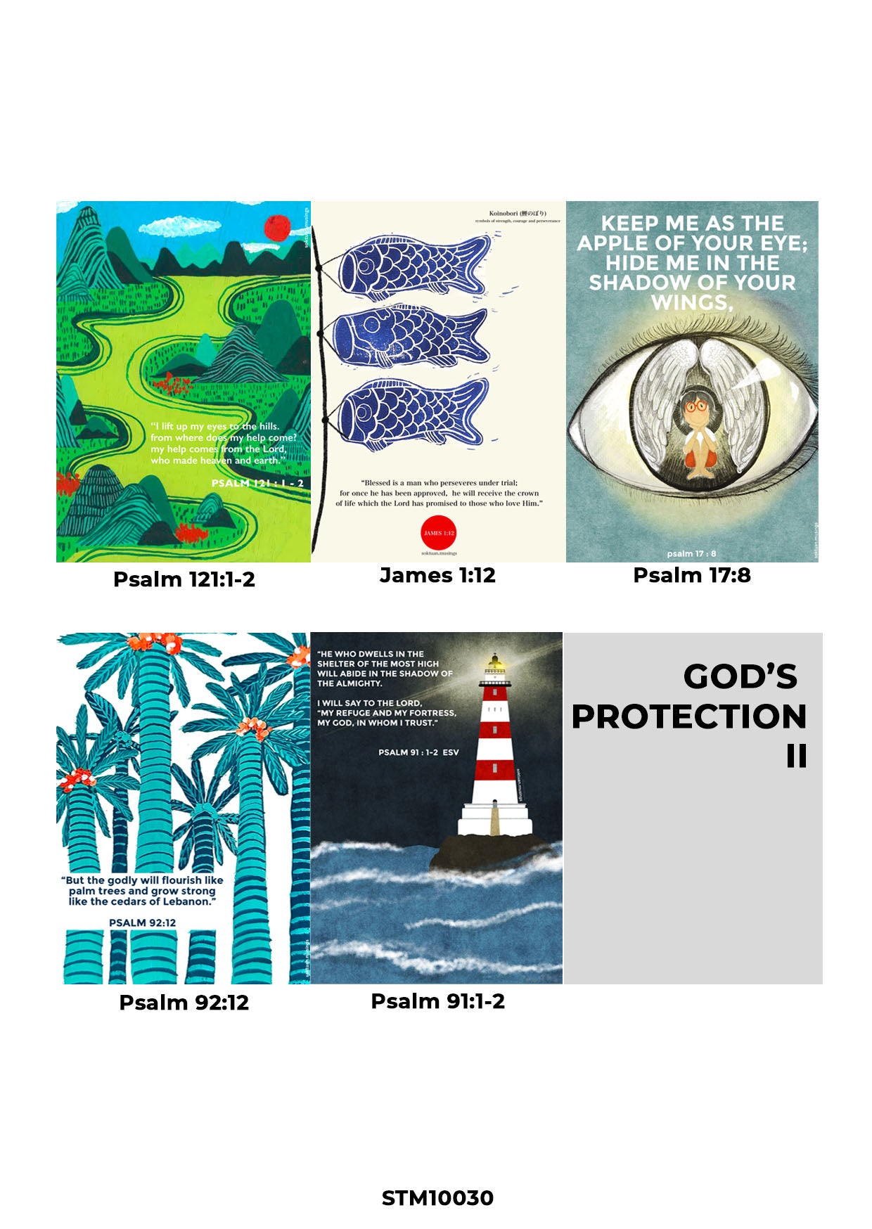 Christian card set featuring vibrant illustrations and Bible verses including Psalm 121:1-2, James 1:12, Psalm 17:8, Psalm 92:12, and Psalm 91:1-2, celebrating God’s protection and inspiring faith-filled encouragement.