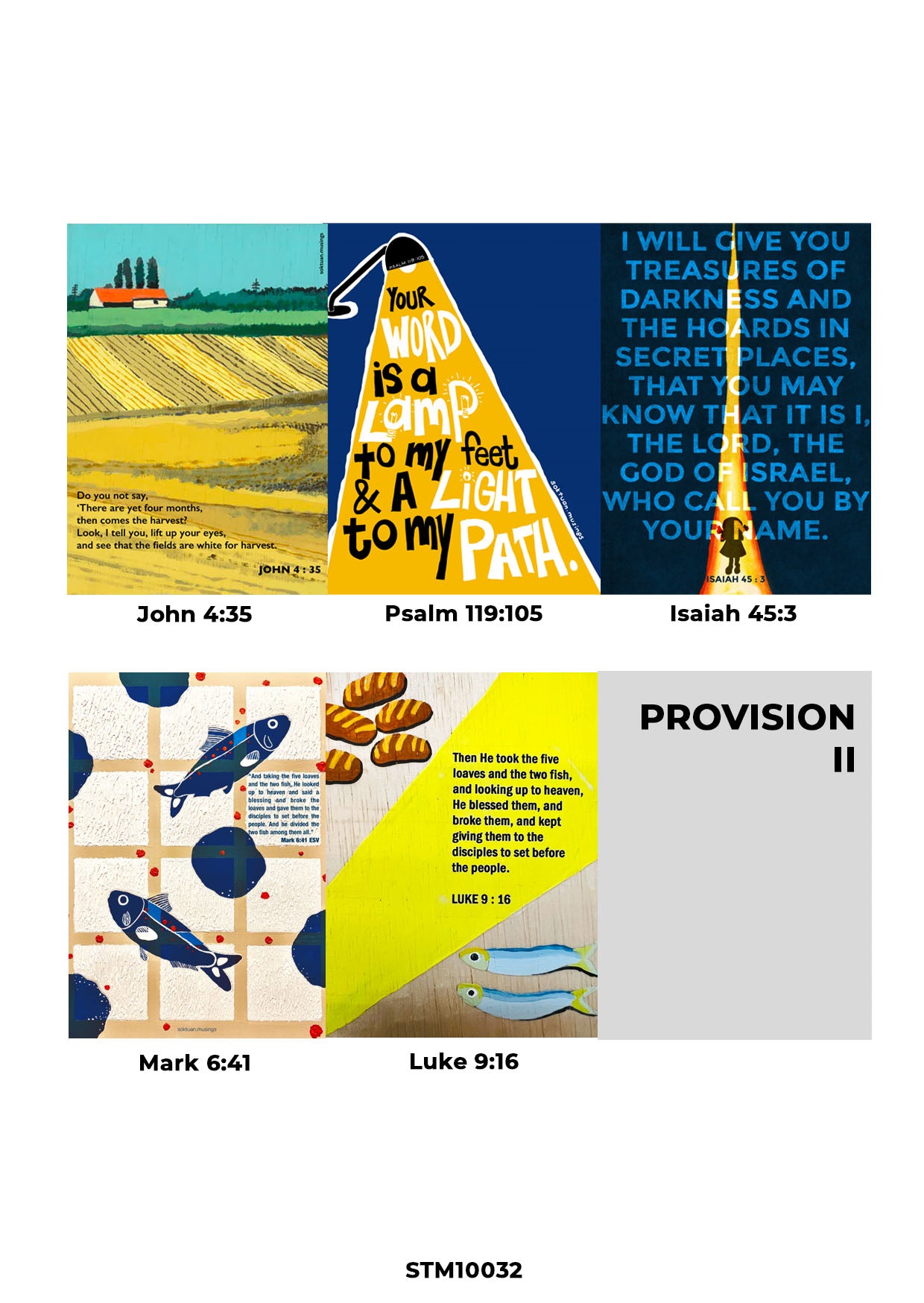 Christian card set featuring vibrant illustrations and Bible verses including John 4:35, Psalm 119:105, Isaiah 45:3, Mark 6:41, and Luke 9:16, celebrating God’s provision and inspiring faith-filled encouragement.