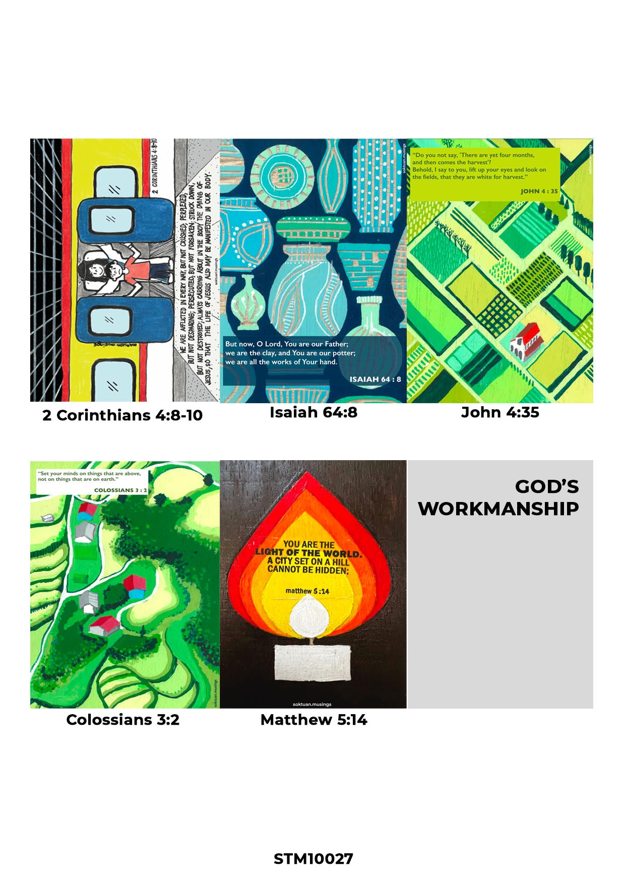 Christian card set featuring colorful, uplifting illustrations and Bible verses including 2 Corinthians 4:8-10, Isaiah 64:8, John 4:35, Colossians 3:2, and Matthew 5:14, celebrating God’s workmanship and inspiring faith.