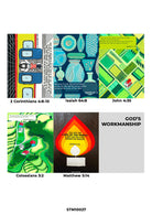 Christian card set featuring colorful, uplifting illustrations and Bible verses including 2 Corinthians 4:8-10, Isaiah 64:8, John 4:35, Colossians 3:2, and Matthew 5:14, celebrating God’s workmanship and inspiring faith.