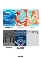 Christian card set featuring vibrant illustrations and Bible verses on thankfulness and thanksgiving, including Habakkuk 2:14, Psalm 30:11-12, Psalm 5:11, Psalm 96:12, and a quote by Jerry Bridges, inspiring gratitude and joy.