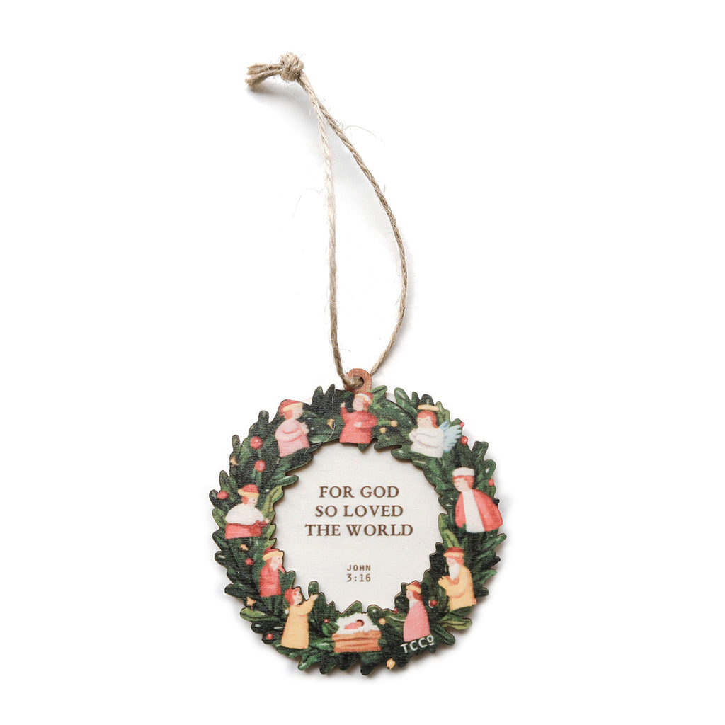 Christian Christmas ornament featuring a decorative wreath with colorful angel designs and the verse 'For God so loved the world' from John 3:16, ideal for holiday decorations or meaningful gifts.