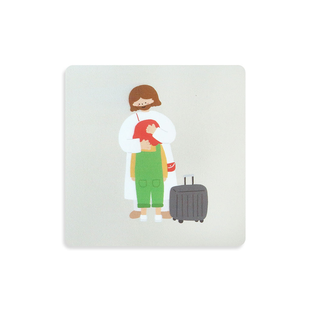 Christian coaster featuring Jesus embracing a child with a suitcase, symbolizing a travel-themed faith-inspired home decor accessory.