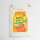 Wall tapestry featuring a design of Kopi Jesus coffee with the phrase 'Follow in His Steps' and scripture reference 1 Peter 2:21, ideal for Christian home decor.